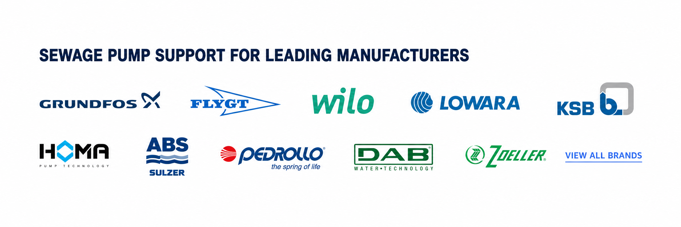 Sewage pump support for leading manufacturers including Grundfos, Flygt, Wilo, Lowara, KSB, Homa, ABS Sulzer, Pedrollo, DAB and Zoeller